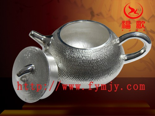 菱形纹纯银石瓢小茶壶
